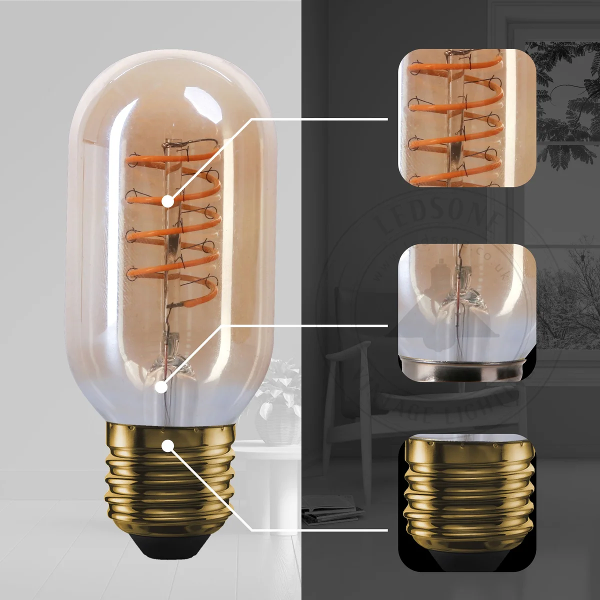 Vintage T45 tube LED warm white bulb with clear glass and copper cap, curling filament, E27 screw fitting