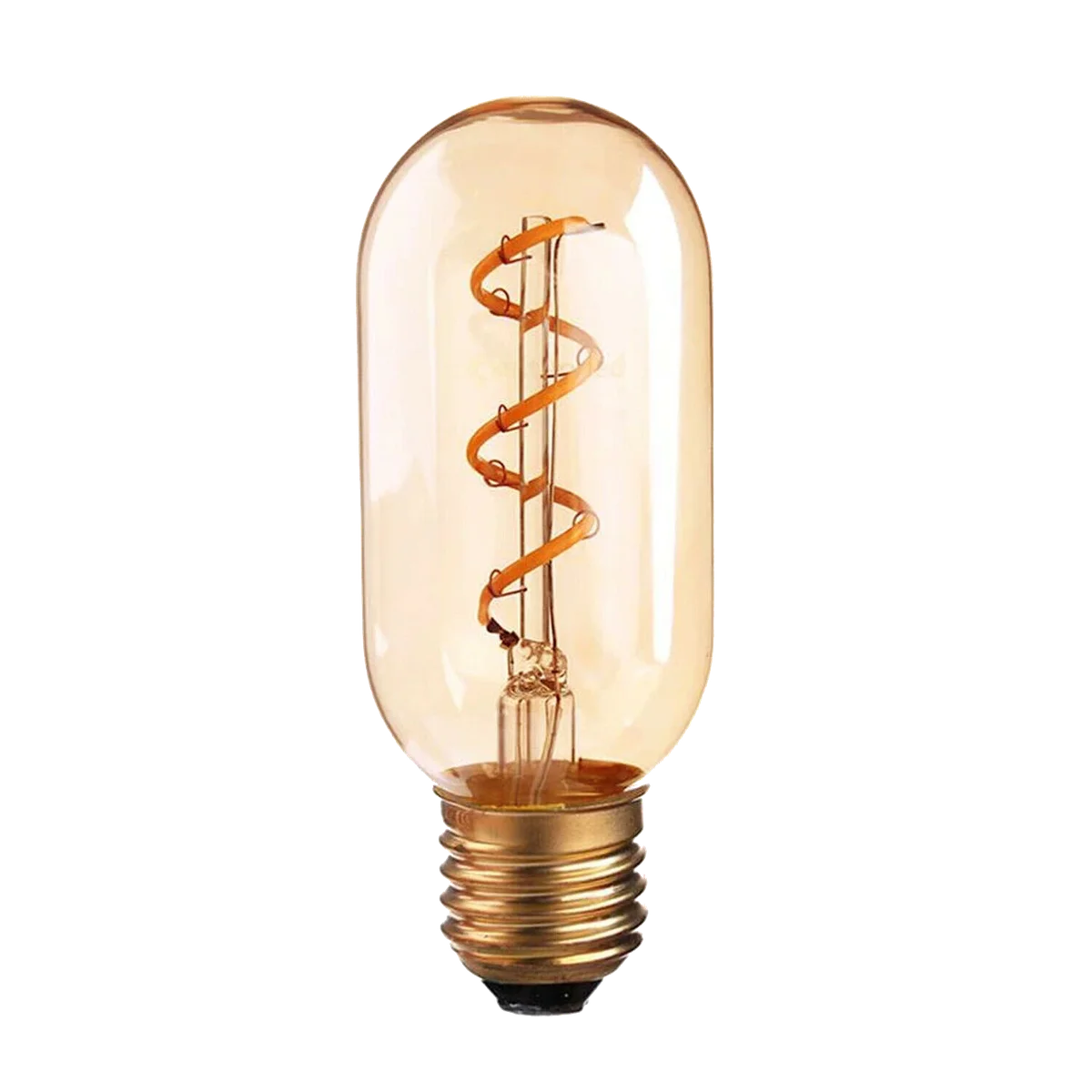 4W LED bulb in vintage T45 tube shape, clear glass body and pure copper cap, warm white glow.