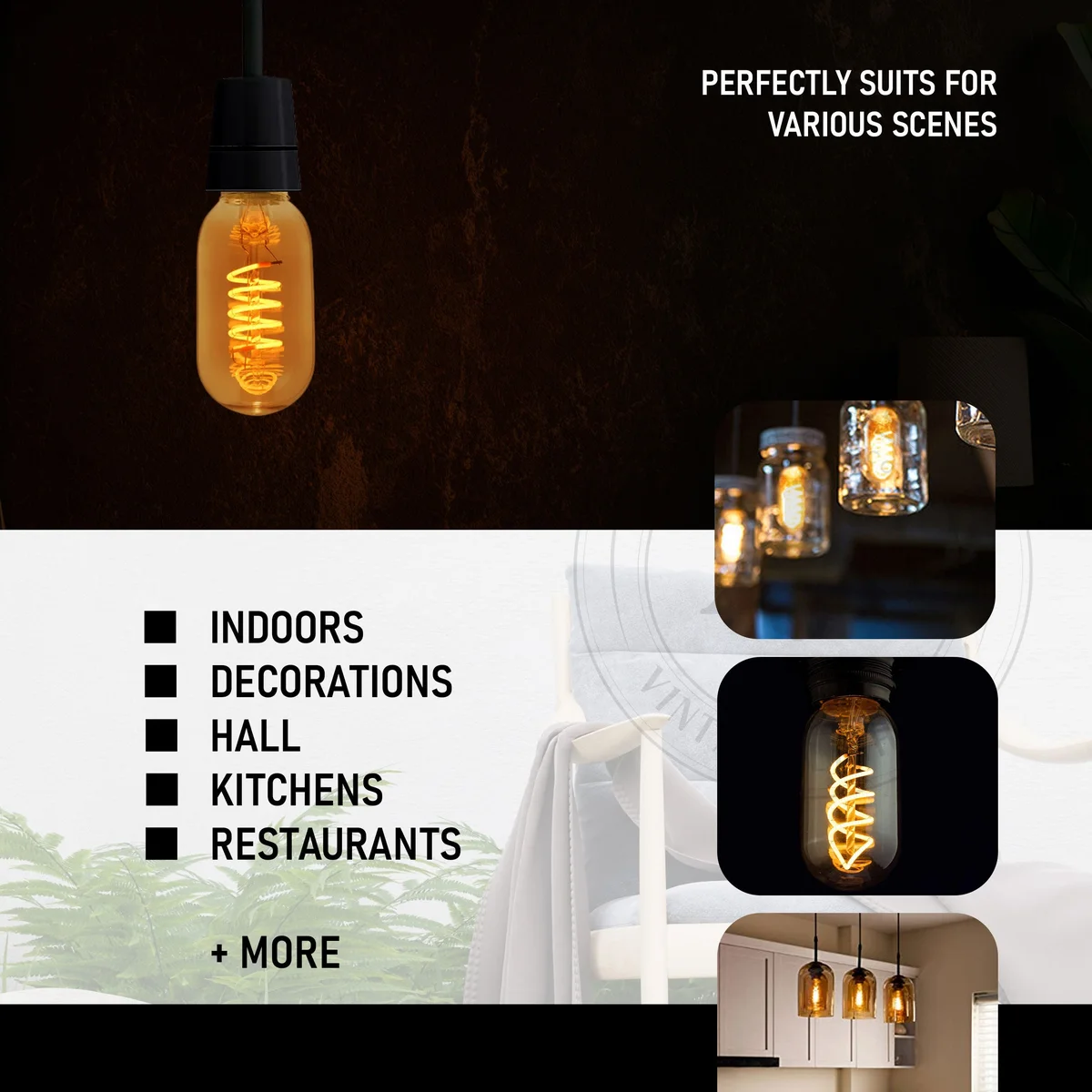 vintage LED bulb with T45 tube shape, glass body, copper cap, warm white glow