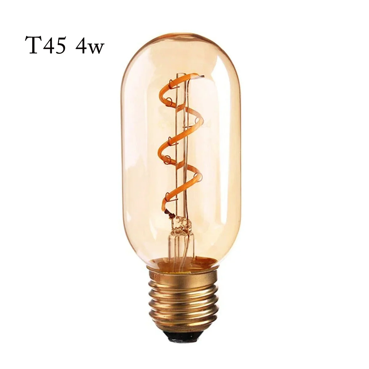 Vintage LED bulb in a clear glass tube with a copper cap, showing its classic Edison‑style curly filament in warm white light