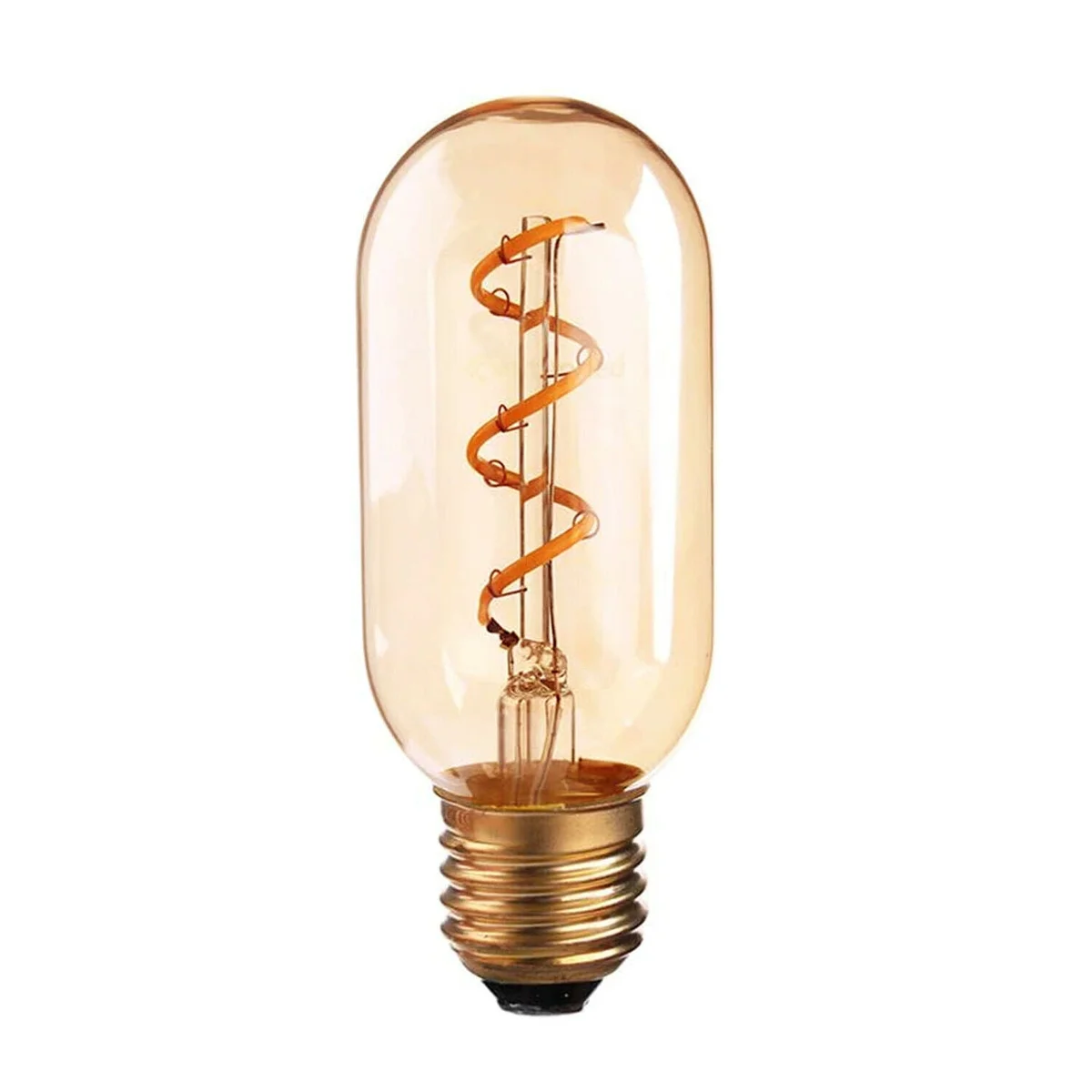Vintage LED bulb, T45 tube shape with curling filament inside clear glass, exposed pure copper cap, warm white glow