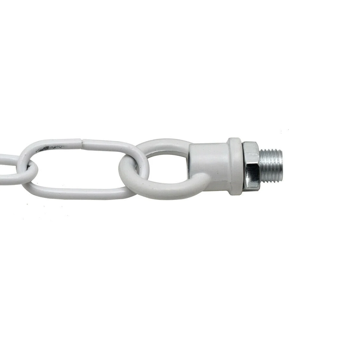 White heavy duty light chain with open links, steel construction, 85cm long, shown hanging with screw and bolt.