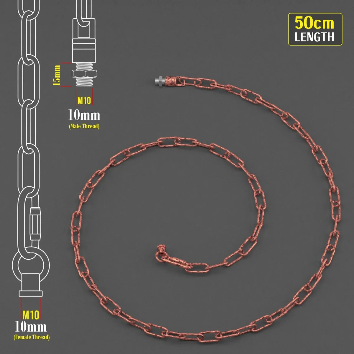 Rustic chandelier chain extender in rustic red, 50 cm long, openable links 38 mm x 16 mm, flexible suspended chain.