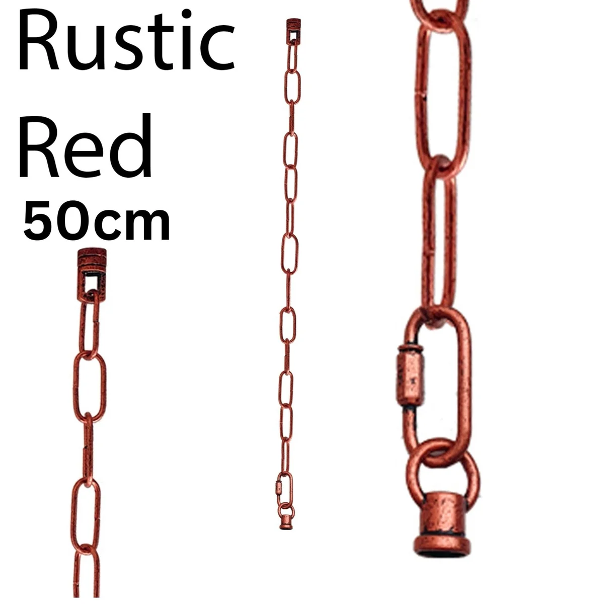 Rustic red pendant light chain, 50cm long, 38mm x 16mm openable links, lightweight and flexible.