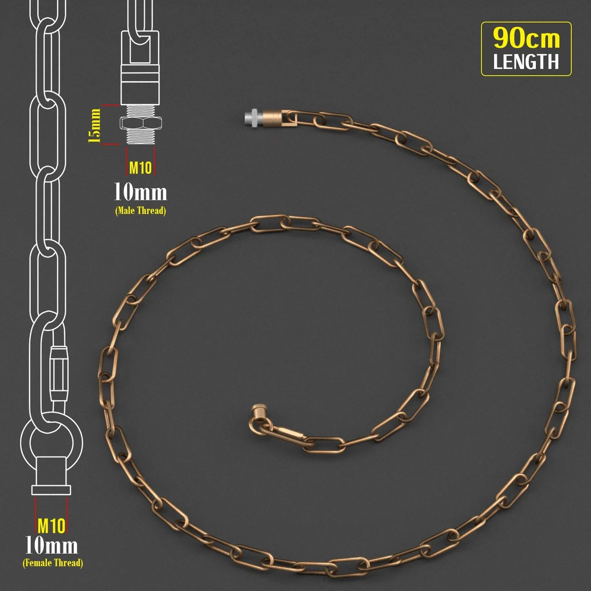Yellow brass light chain, 90cm length, flexible links for pendant and chandelier lighting.