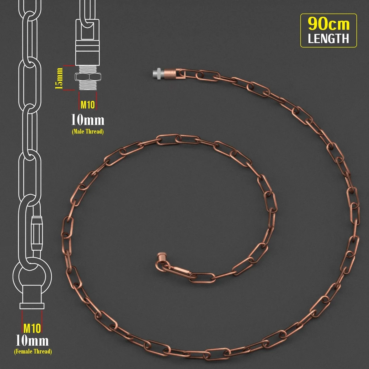 Copper pendant light chain, 38mm × 16mm openable links, warm copper finish, 90cm length, shown with mounting screws.