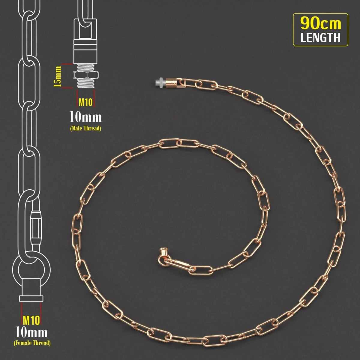 French gold light chain for ceiling, 85 cm, 38 mm x 16 mm links, openable, lightweight, for chandeliers or pendant lights.