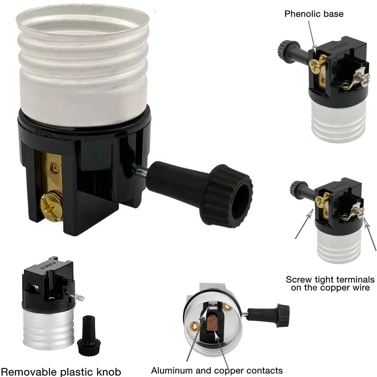 Lamp socket replacement set with removable turn knob, 2‑circuit, medium base (E26) for 3‑way 2‑filament lamps.