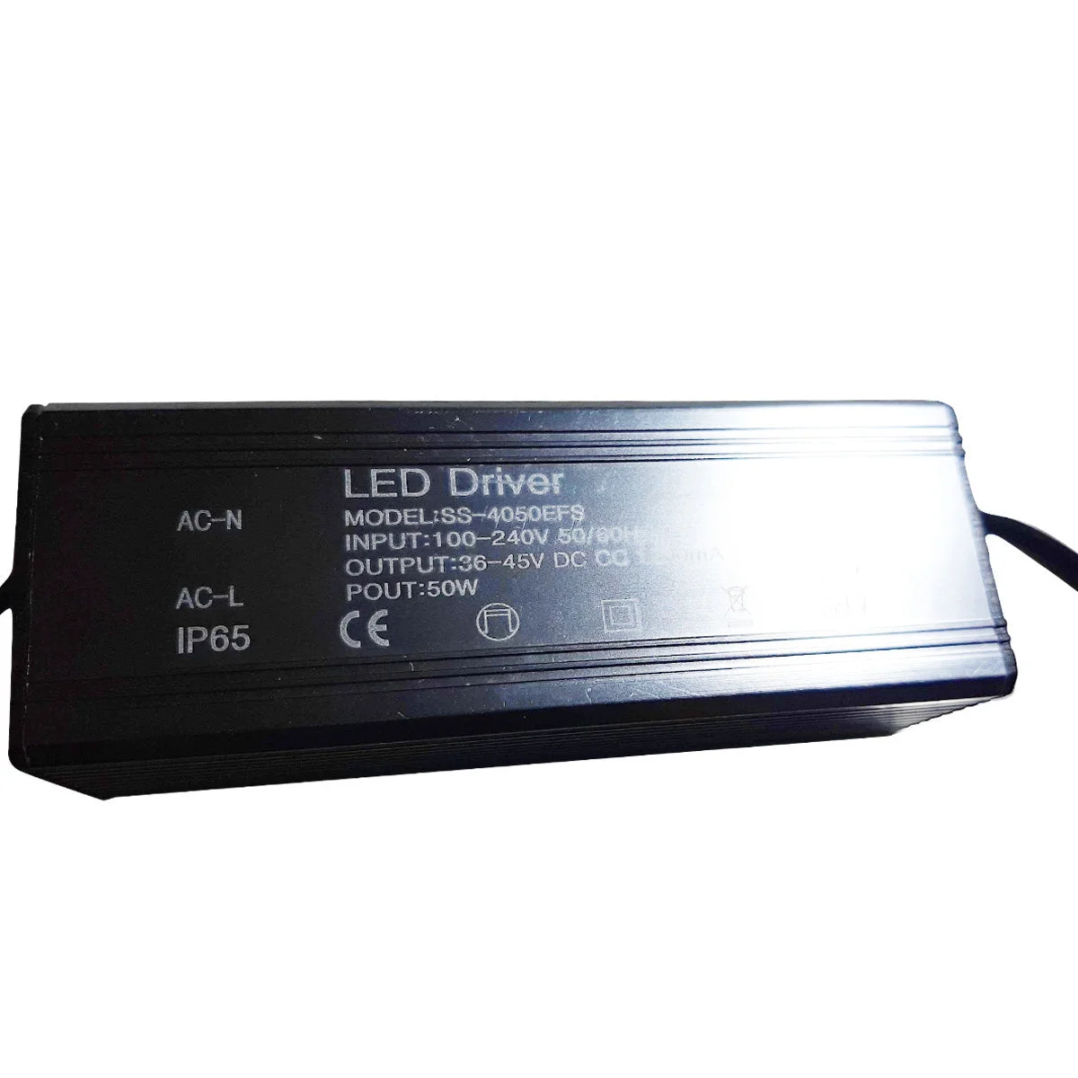 Compact plastic constant current LED driver with 50W power, 36‑45V output, 1000mA rating, labeled CE & RoHS.