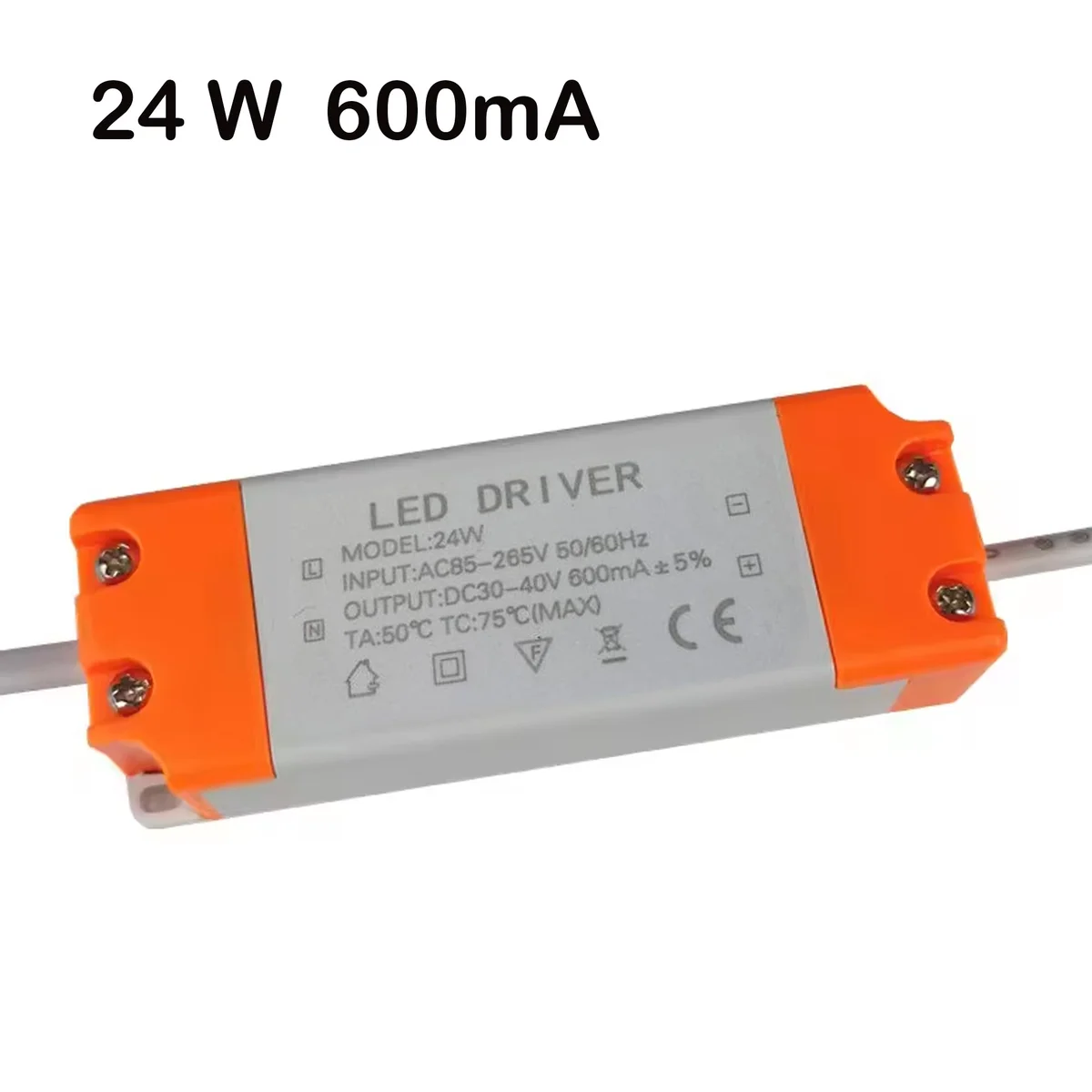 LED lighting driver 24W power supply in plastic housing, showing printed specs and connector pins