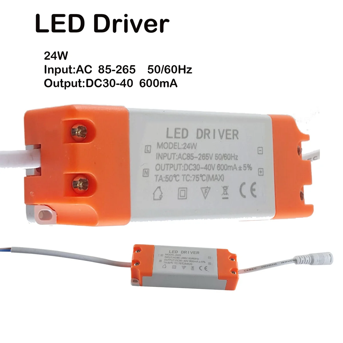 Compact plastic constant current LED driver, rated 24W, 600mA output, AC 85-265V input, with CE, RoHS logos.