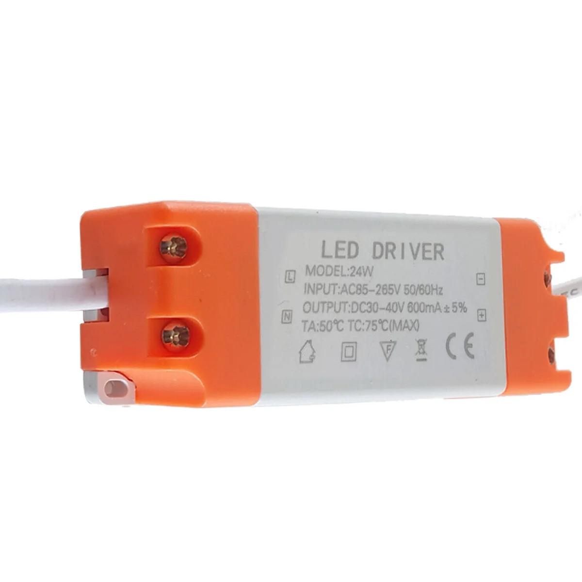 24W indoor LED driver in plastic housing with leads, labeled 30-40V, 600mA, non-waterproof, CE/RoHS certified