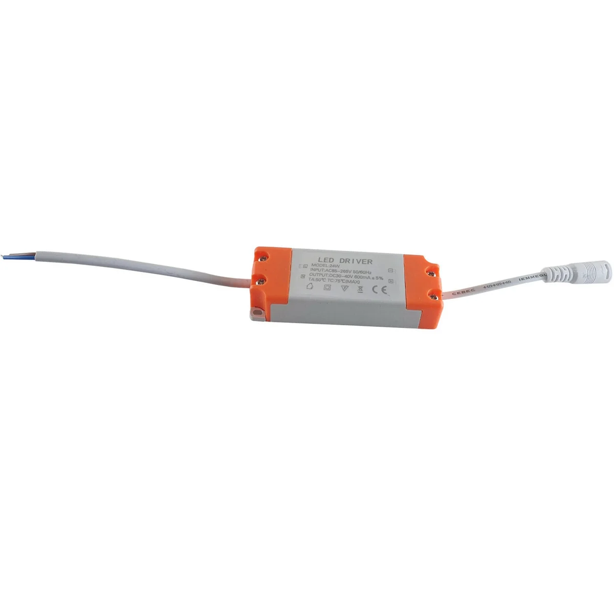Plastic 24W non-dimmable LED driver, CE and RoHS stamped, displayed on a flat surface.