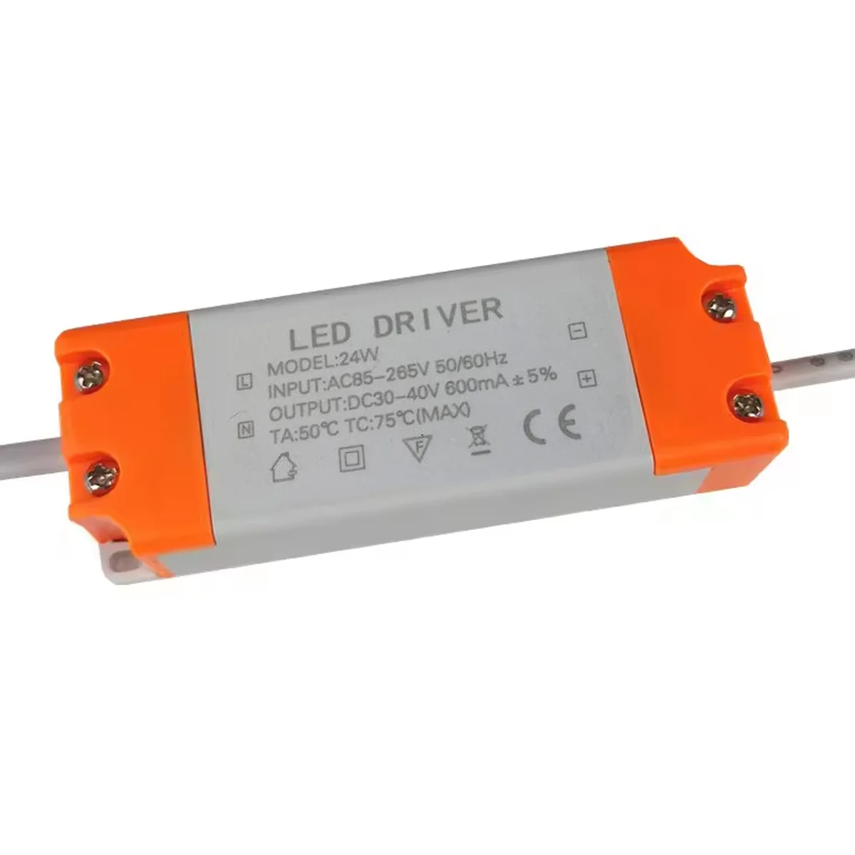 24W LED lighting driver plastic enclosure, labelled '24W', with mounting screws and DC output 600mA.