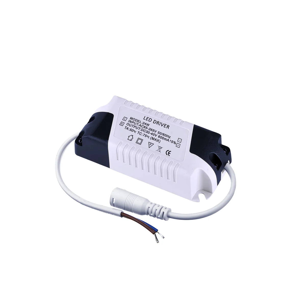 Compact plastic case of a 24W LED driver with green LED indicator and labeled power rating