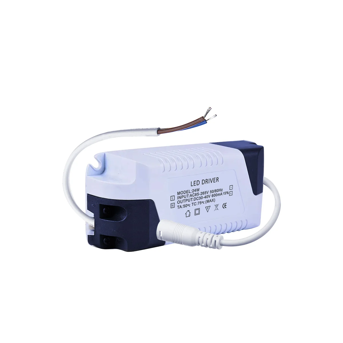 24 W constant current LED driver in plastic housing with input AC socket and output cable, labelled 30‑40 V 600 mA.