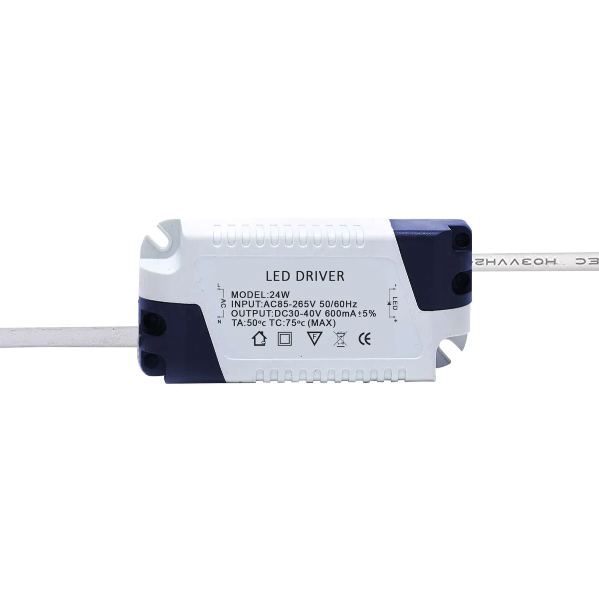 24W LED driver transformer in a plastic case with silver contacts and printed details.
