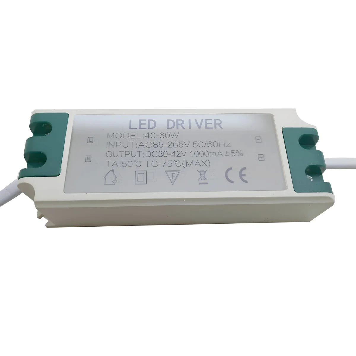 48W-60W 30-43V 1000mA LED driver power supply in plastic shell, displayed with spec label and part of a packaged unit.