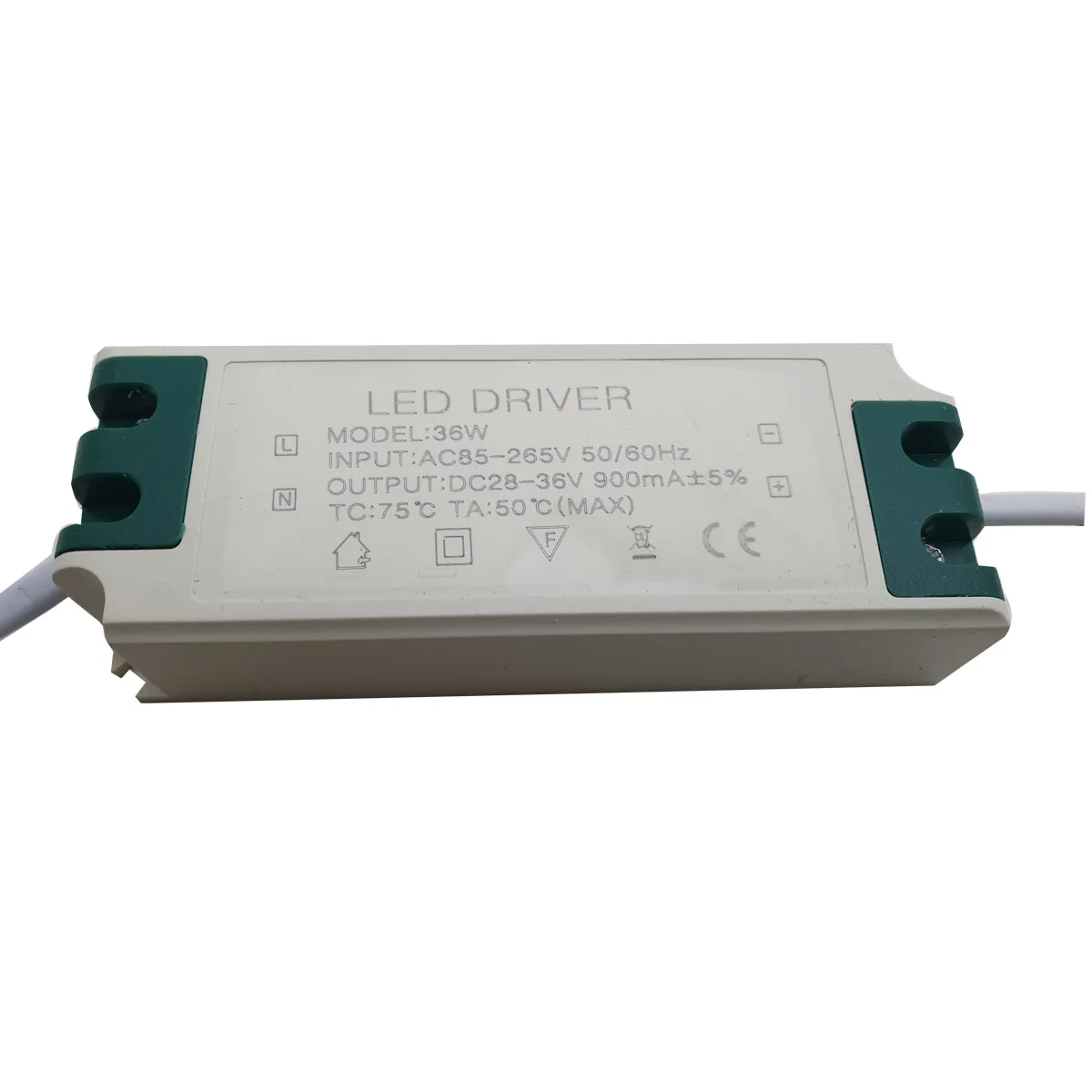 Plastic housing of constant current LED driver, labeled 48W‑60W, 30‑43V, 1000mA, with input and output terminal blocks.