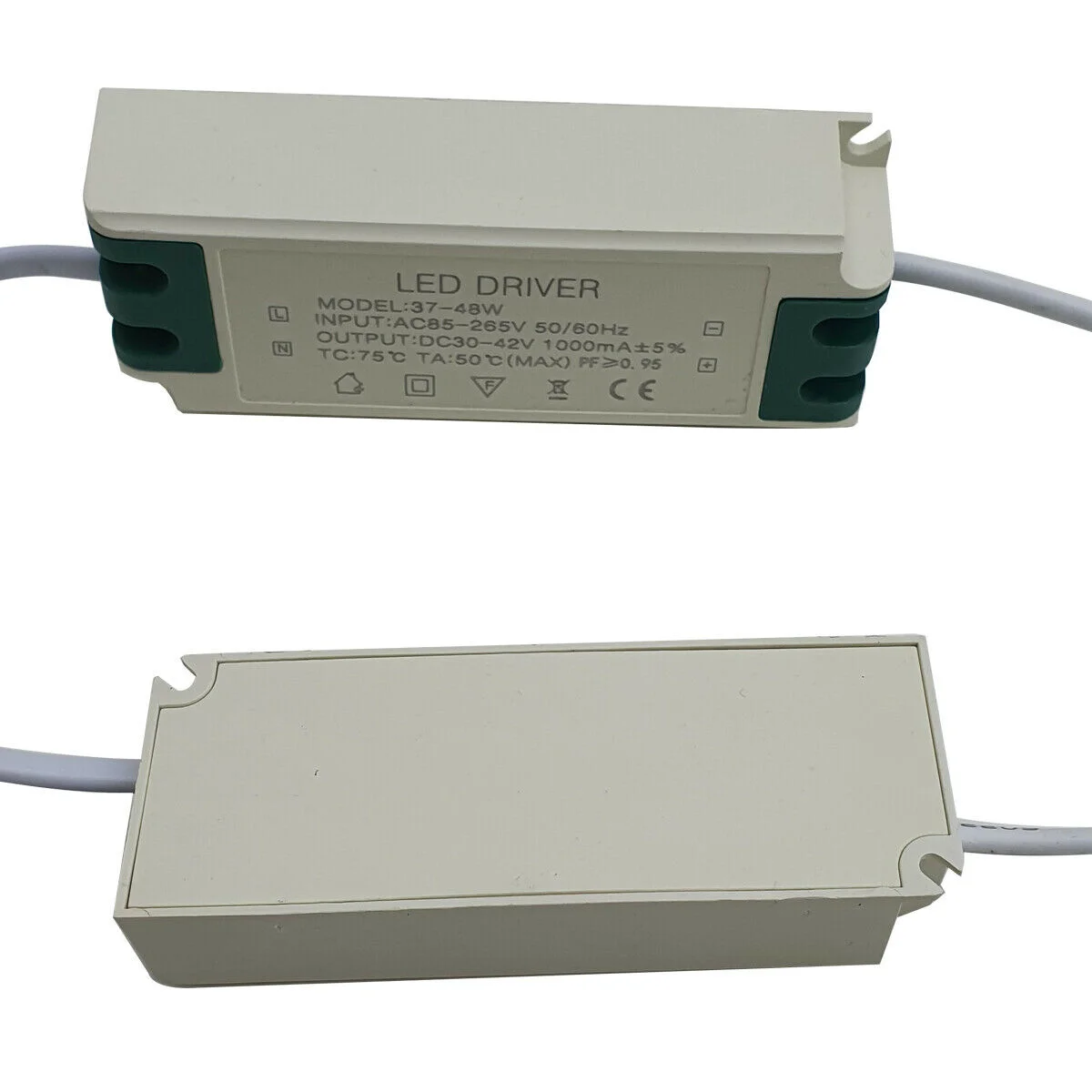 Indoor LED transformer with plastic shell and metal contacts, rated 60W, 30‑43V DC, 1000mA output, compact circuit board.