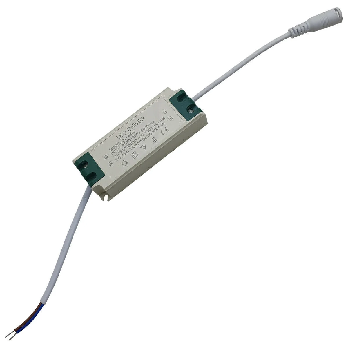 White plastic LED driver unit with circuit board and connector, labelled 48W-60W 30‑43V 1000mA, a 60W LED power supply.