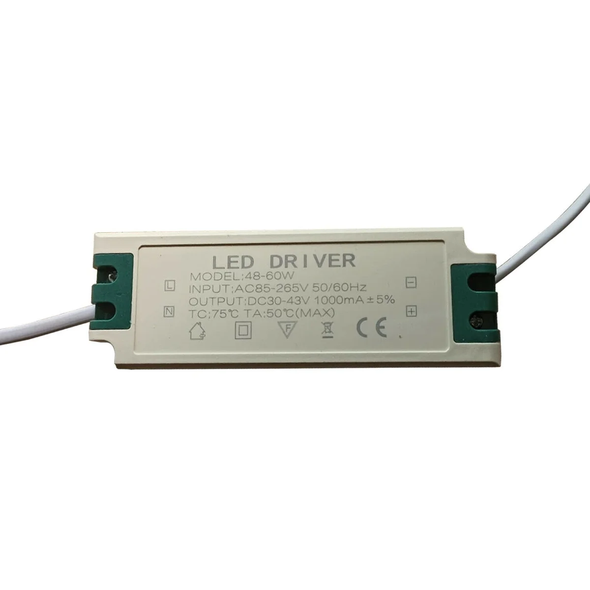 Rectangular dark plastic 48W‑60W 30‑43V LED driver unit with printed label and metal connector