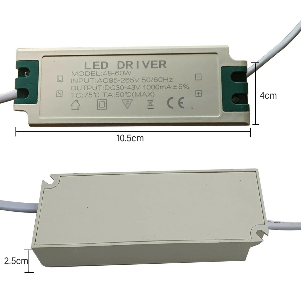 48W LED driver power supply with plastic shell, 30-43V and 1000mA rating, packaged for indoor use.