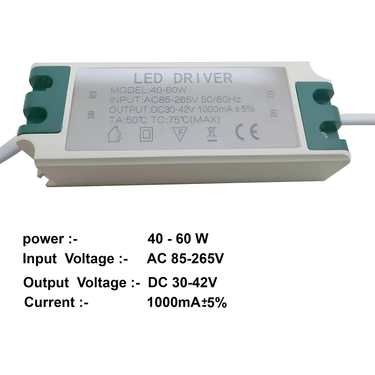 48W‑60W 30‑43V 1000mA LED driver power supply in a plastic box, labelled with specs, packaged for indoor use