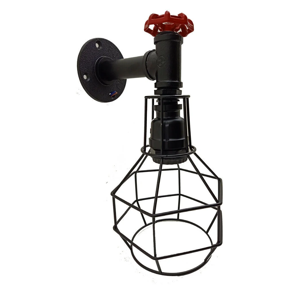Retro wall lamp with metal cage design hanging on wall, displaying an antique industrial style.