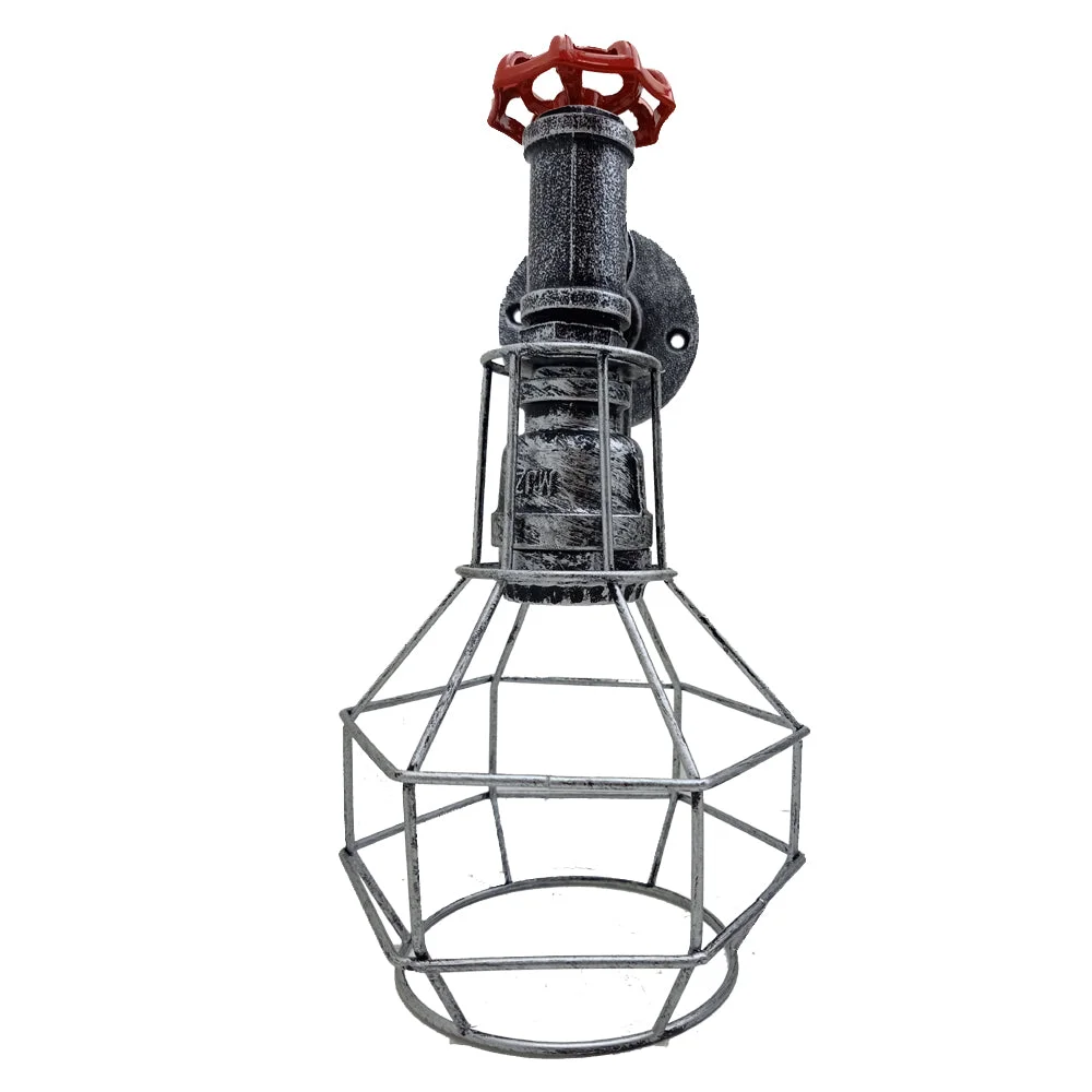 Retro metal cage light with polished metal body and cage, hanging wall lamp, industrial style.