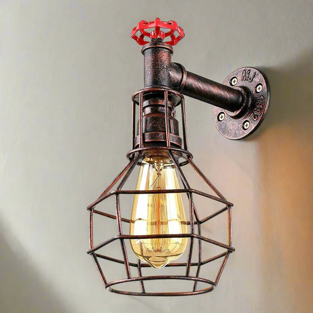 Vintage wall sconce made of metal with a cage housing an incandescent bulb, spray painted finish, ideal for indoor lighting