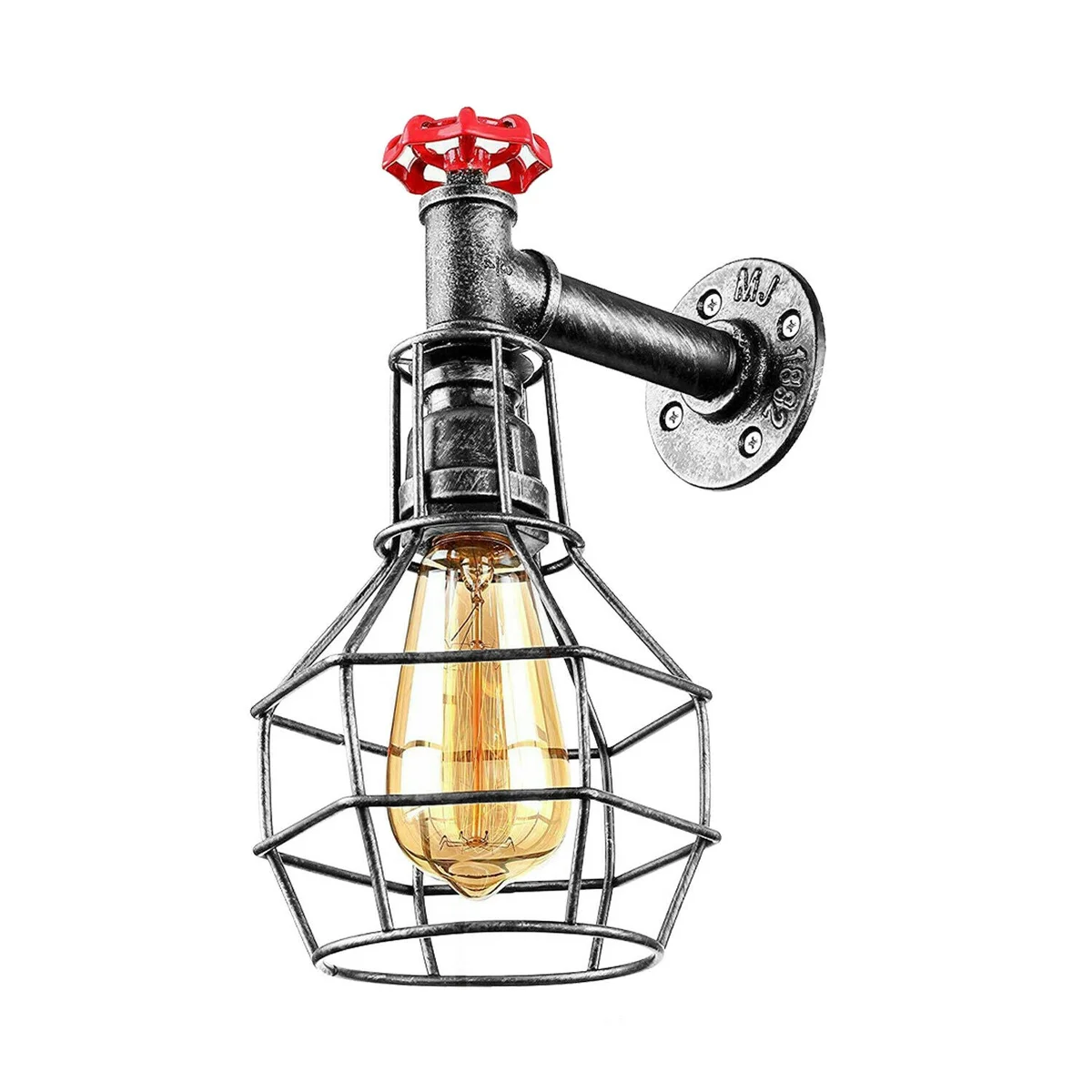 Retro industrial pipe cage wall lamp with metal frame and LED bulb, stylish indoor pipe lighting fixture.