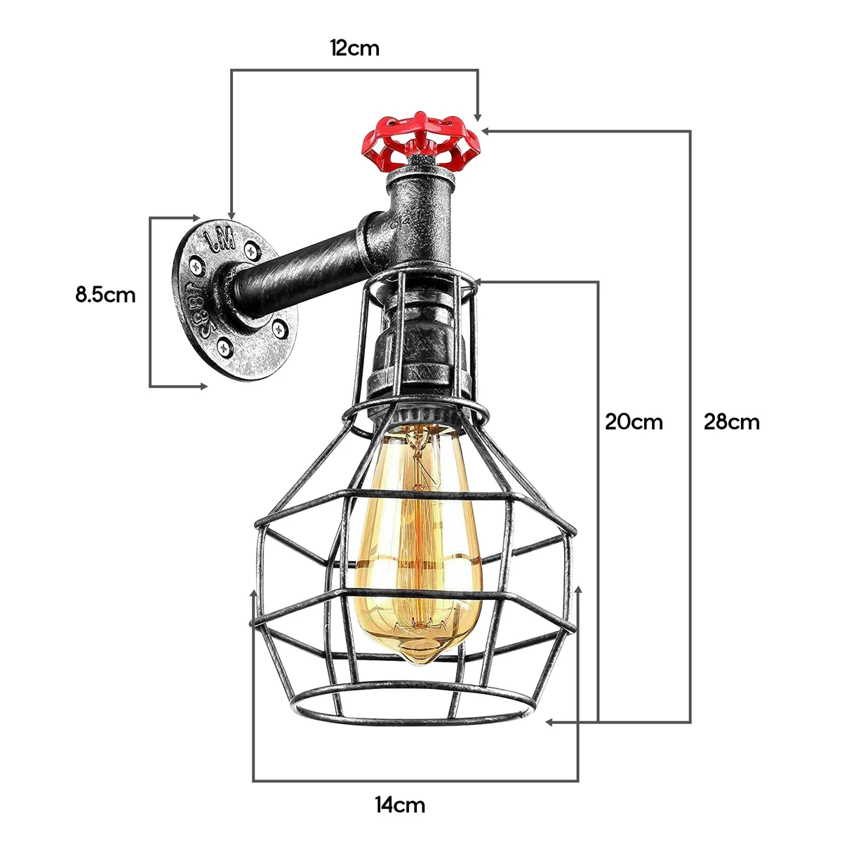 Metal pipe cage wall lamp with vintage antique look, includes an E27 bulb – an E27 wall fixture for indoor use