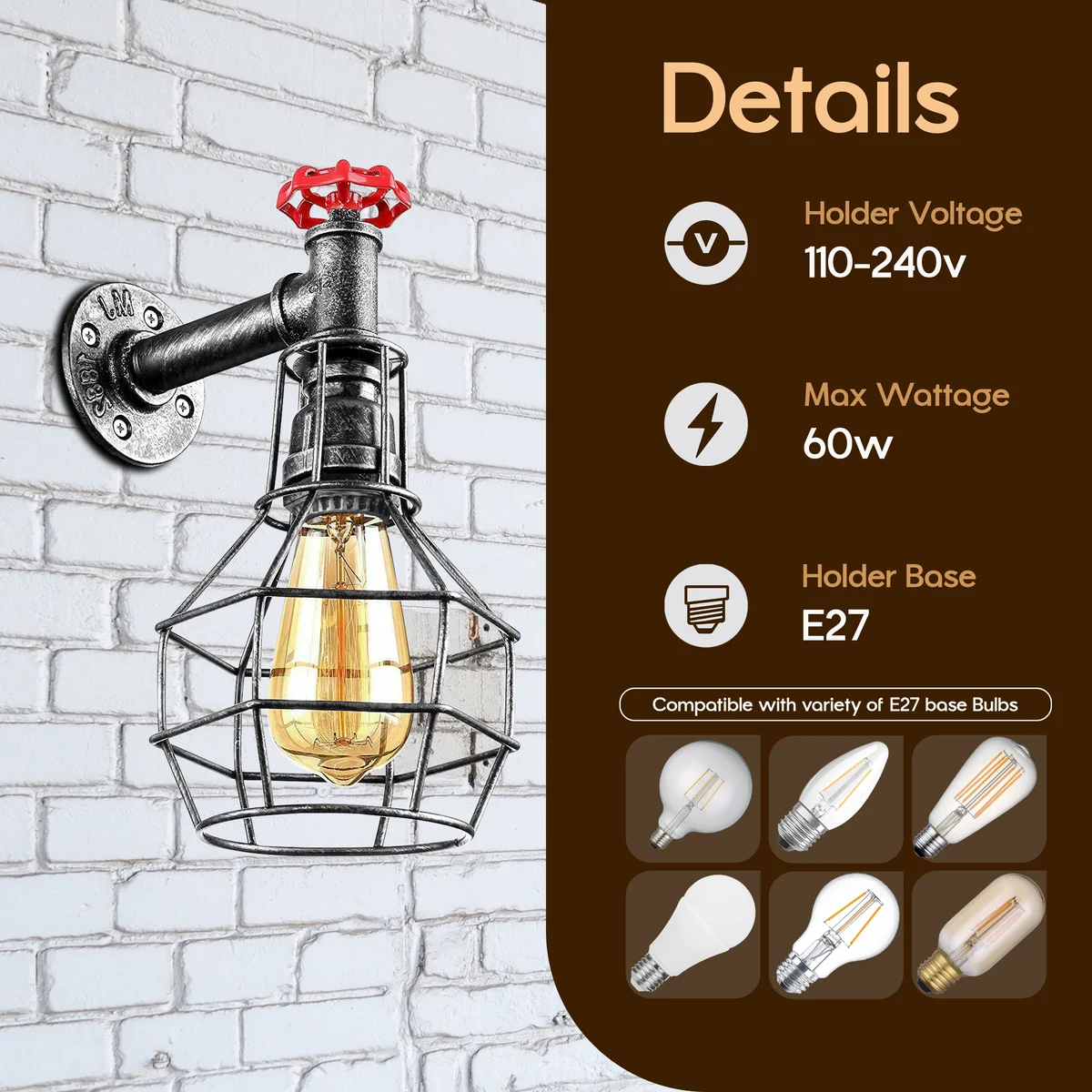 Industrial wall light with metal pipe cage, vintage retro style, E27 bulb holder visible.