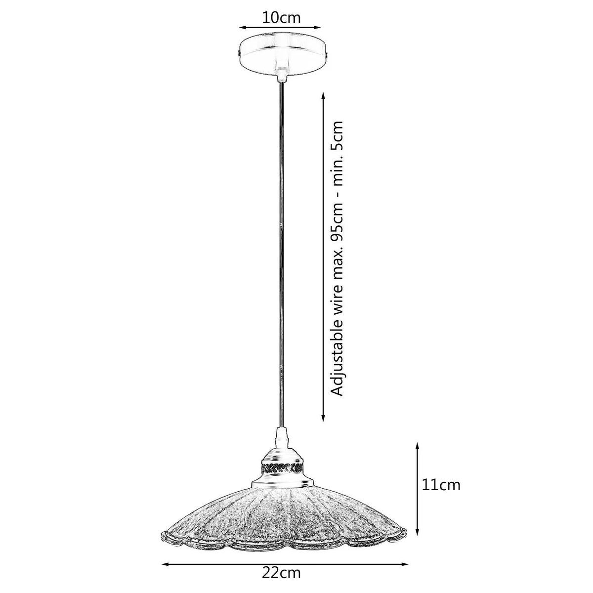 Modern style E27 pendant light with metal shade hanging from 95cm PVC cable, includes base, shade, and hardware.