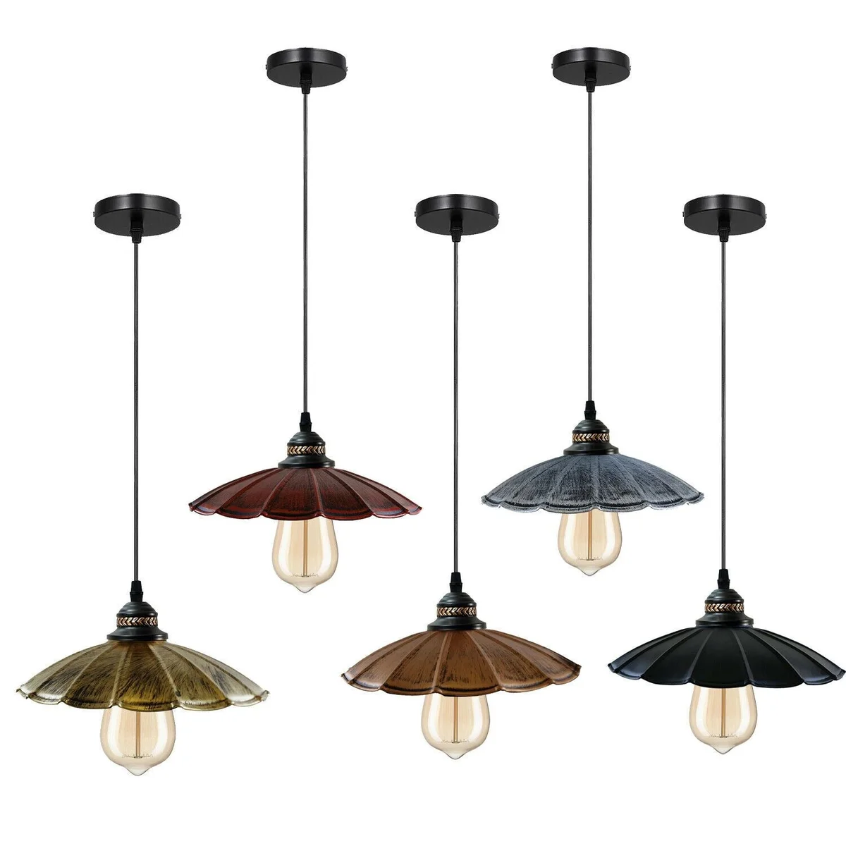 Modern pendant light with metal shade hanging from ceiling, cord of 95cm, shown in an open room setting
