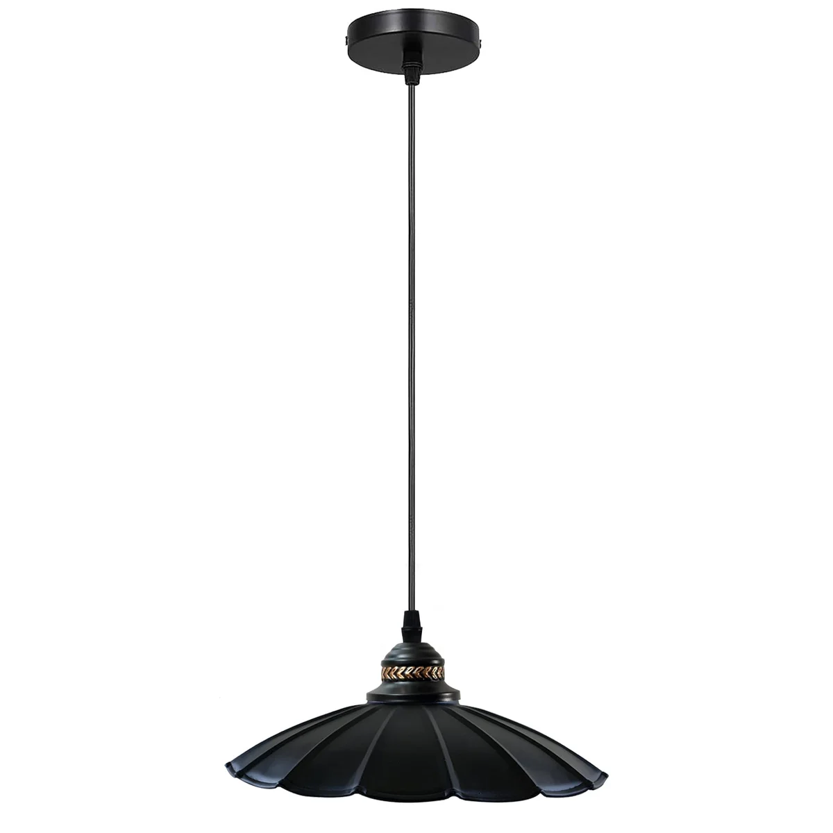 Pendant lamp with metal shade and PVC cord hanging from a ceiling, showing modern pendant light.