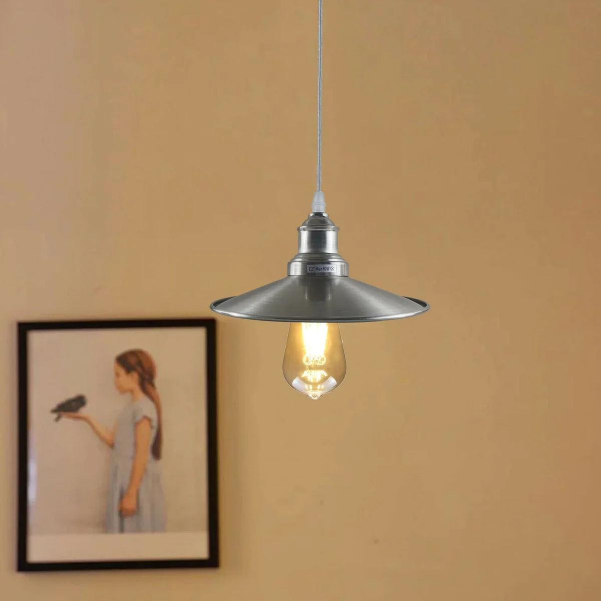Industrial ceiling pendant with satin nickel finish and single E27 lamp holder, mounted on ceiling rose, 22 cm length.