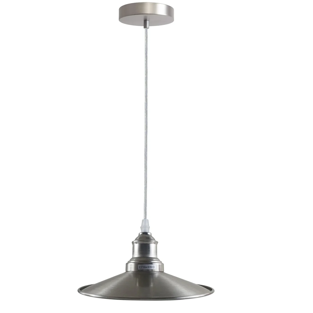 Satin nickel pendant with E27 fitting, vintage bronze‑tone shade hanging from a loft ceiling.