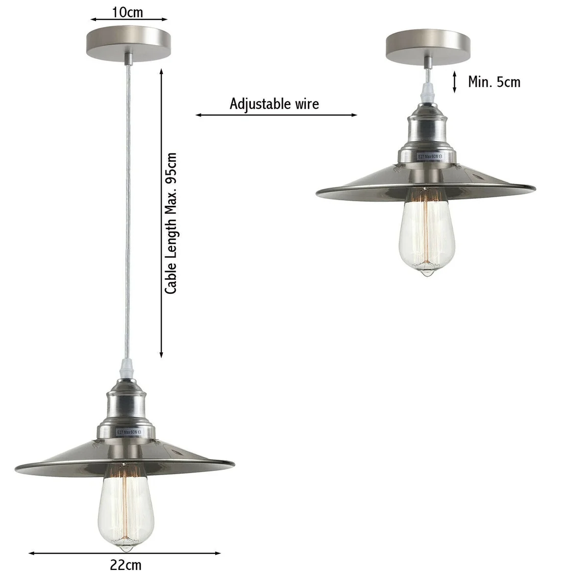Dimmable ceiling light pendant in satin nickel, 22cm iron shade, E27 holder, perfect for loft or townhouse.