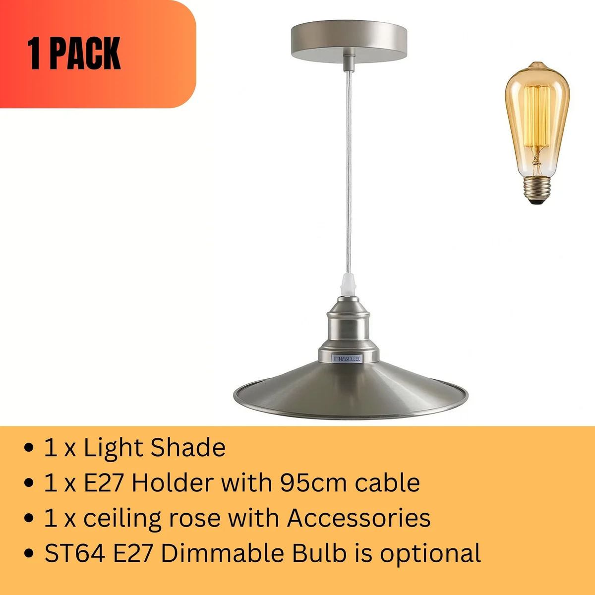 A vintage style pendant featuring a 22cm iron body in satin nickel with a single E27 holder and a 10cm ceiling rose.