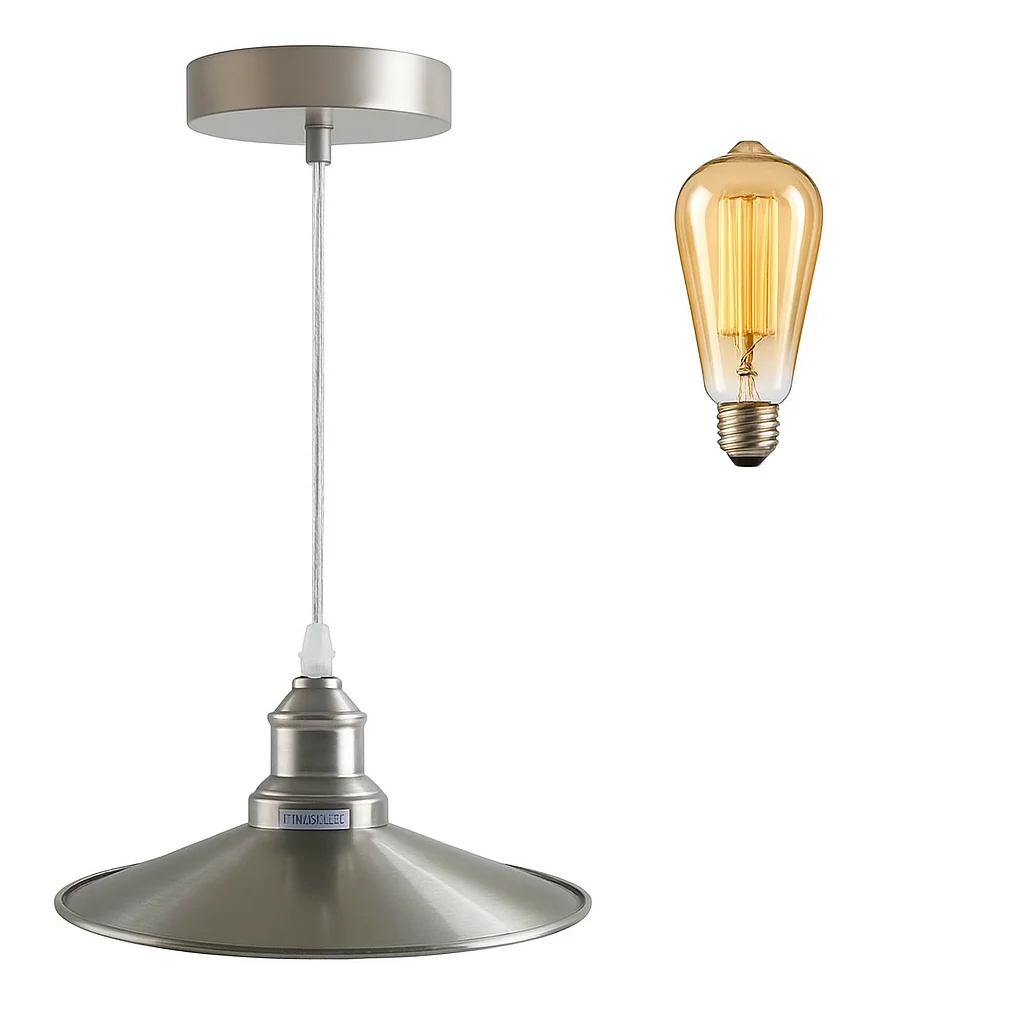 Industrial ceiling pendant with satin nickel iron body, vintage lampshade, single E27 holder, 95cm cable.