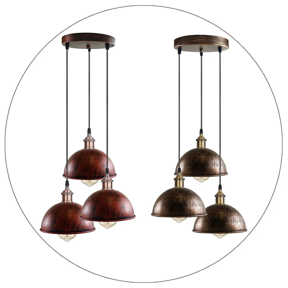 3 light pendant ceiling with antique brass domed shades, metal frame and PVC cable, creating a warm, romantic glow
