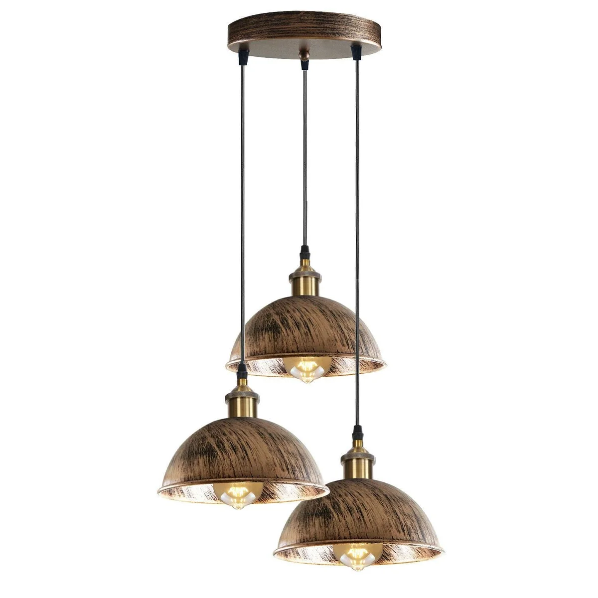 Antique brass pendant light with three illuminated shades hanging on a 95 cm PVC cable from a 20 cm ceiling plate.
