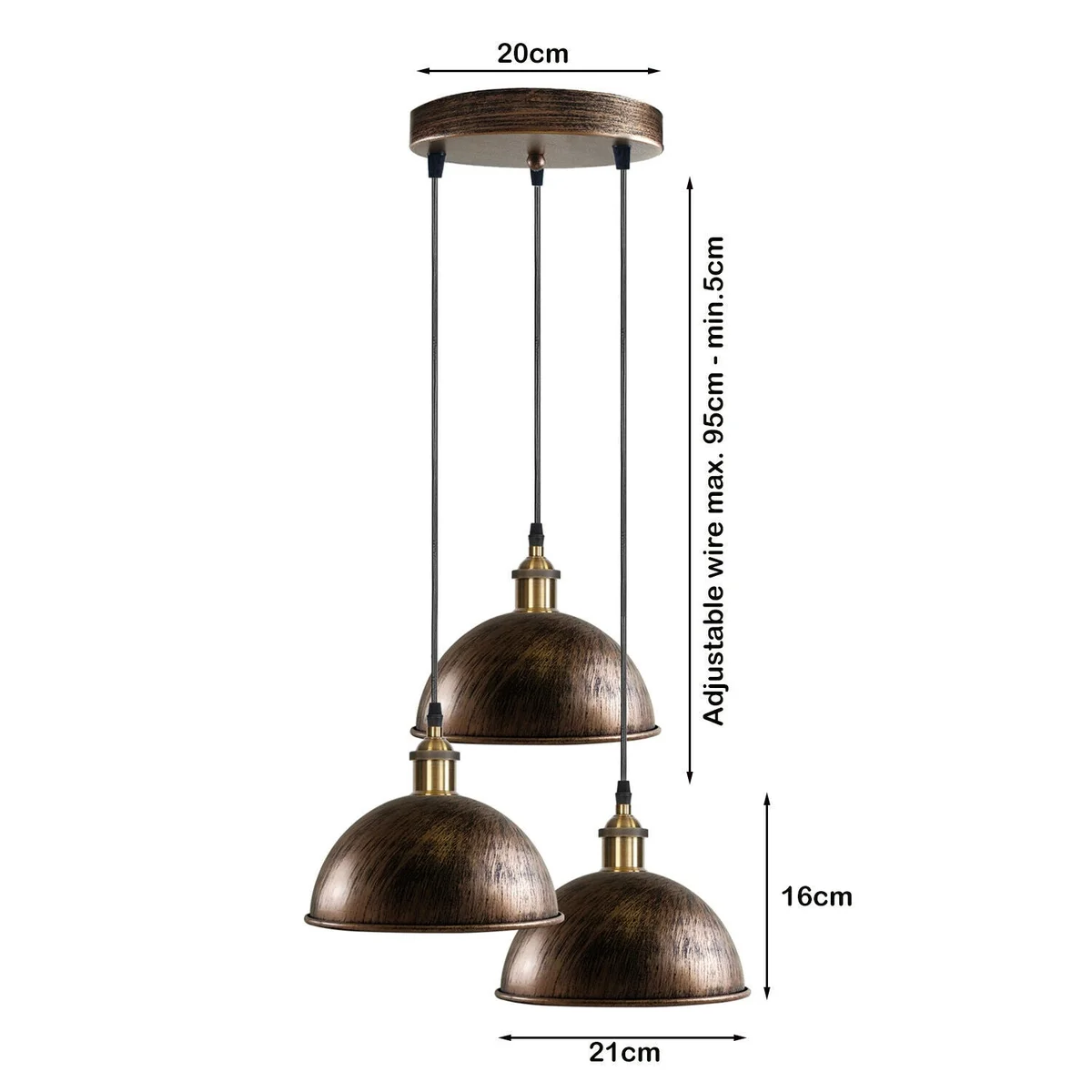 E27 bulb pendant light with three dome‑shaped shades in brushed copper, hanging from a 95‑cm PVC cable.