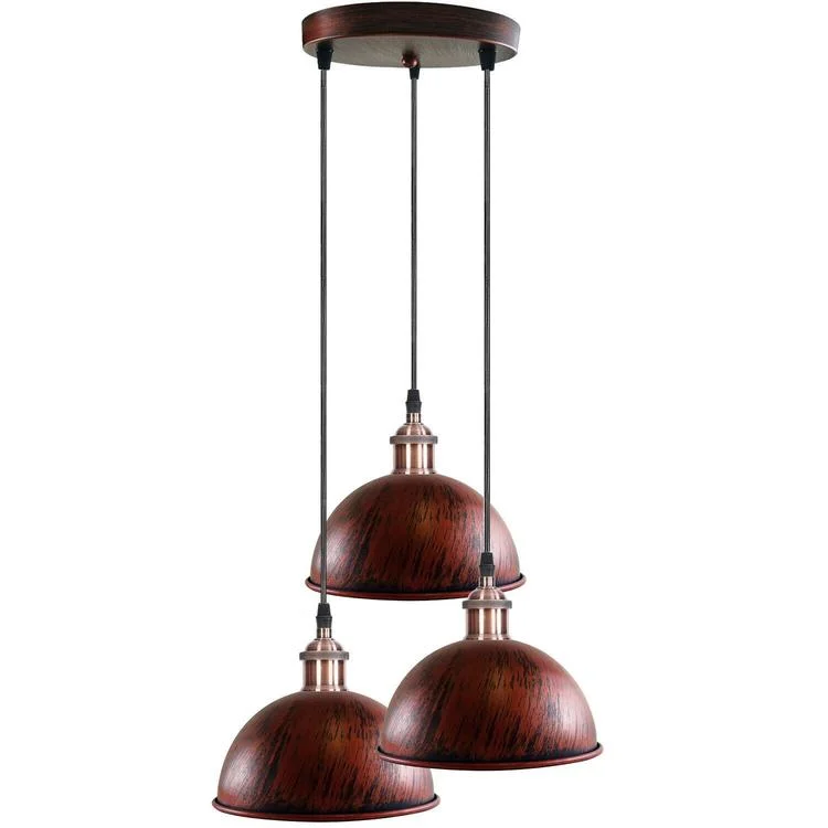 Cluster of three brushed copper ceiling light pieces hanging from ceiling with 95cm PVC cable.