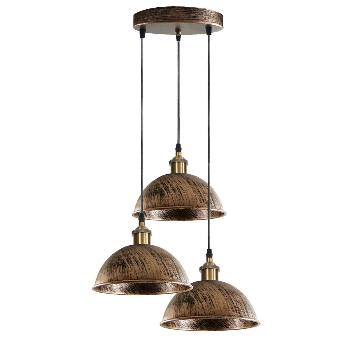 Rustic red cluster pendant lamp with three metal domes, 95cm cable, vintage brass finish, hanging from ceiling rose.