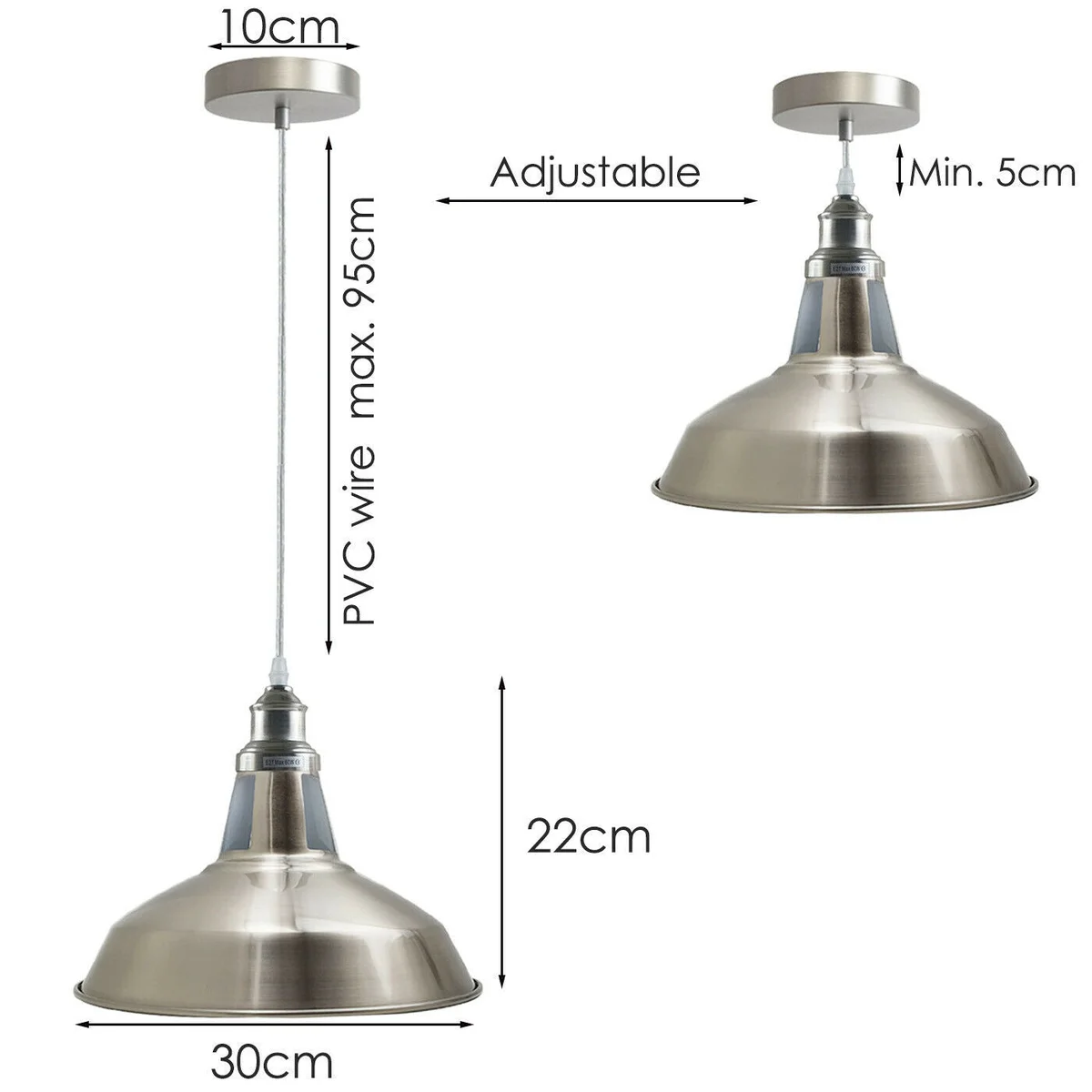 Industrial barn metal pendant light with satin nickel finish and vintage lampshade hanging from ceiling