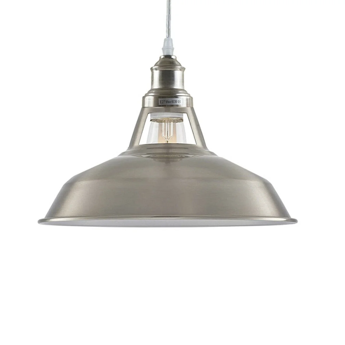 Industrial barn style pendant light with satin nickel finish, single E27 socket, 95cm cable—dimmable ceiling light