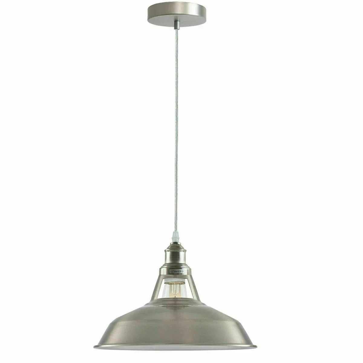 Satin nickel industrial pendant lamp with 10cm ceiling rose, 95cm cable, vintage barn style loft lighting